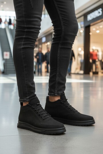 Siyah Nubuk Hakiki Deri Lastik Bağcıklı Erkek Bot 727 M