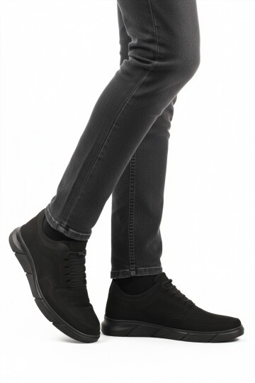 Siyah Nubuk Hakiki Deri Lastik Bağcıklı Erkek Günlük Ayakkabı 137 M