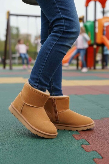 Taba Süet İçi Kürklü Fermuarlı Çocuk Bot 2096 F