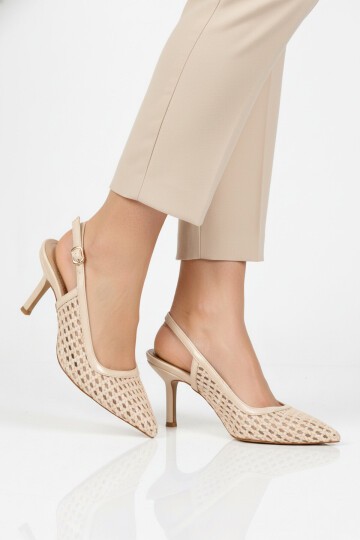 Bej Nefes Alan Örgü Dokulu Slingback Kadın Topuklu Ayakkabı 658248 Z