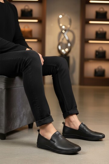 Siyah Hakiki Deri Ortopedik Erkek Günlük Ayakkabı Premium 308 M