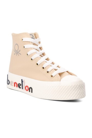 Bej Bilek Boy Bağcıklı Kalın Tabanlı Kadın Spor Ayakkabı Sneaker