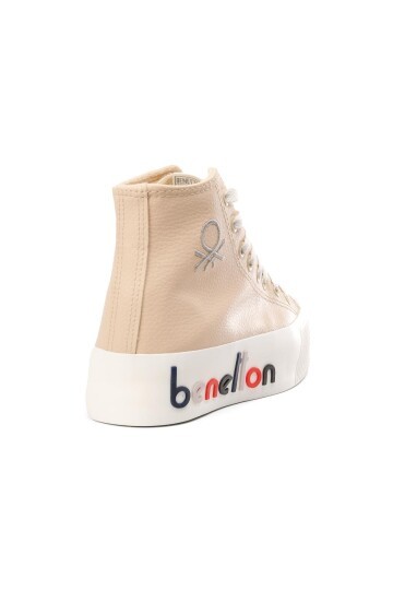 Bej Bilek Boy Bağcıklı Kalın Tabanlı Kadın Spor Ayakkabı Sneaker