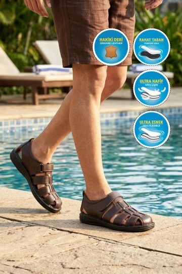 Kahve Hakiki Deri ComfortSole Taban Erkek Sandalet 8520 M