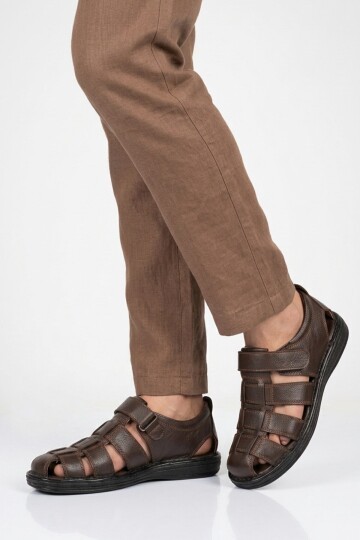 Kahve Hakiki Deri ComfortSole Taban Erkek Sandalet 8520 M
