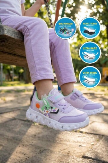 Lila-Su Yeşili Işıklı Hafif Kız Çocuk Spor Ayakkabı 1015 P
