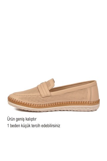 Bej Geniş Kalıp Hafızalı Taban Hakiki Deri Kadın Günlük Loafer Ayakkabı Z142 Z