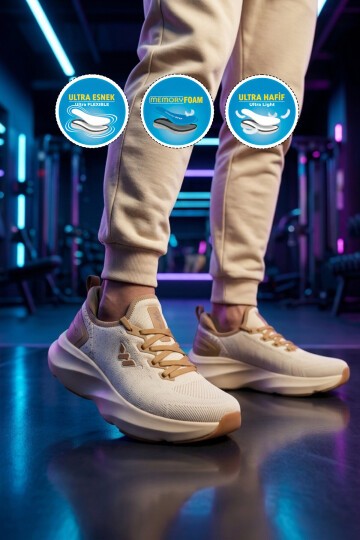 Bej Fileli Bağcıklı Hafızalı Rahat Tabanlı Erkek Yürüyüş ve Spor Ayakkabı Flexnova M