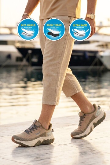 Bej Fileli Hafif Rahat Hafızalı Kalın Tabanlı Erkek Yürüyüş ve  Spor Ayakkabı Sneaker Flystep M