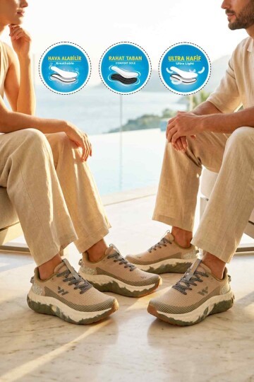 Bej Fileli Hafif Rahat Hafızalı Kalın Tabanlı Unisex Yürüyüş ve  Spor Ayakkabı Sneaker Flystep G
