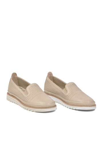 Bej Hakiki Deri Anatomik Rahat Yan Lastikli Kadın Casual Loafer Ayakkabı Z281
