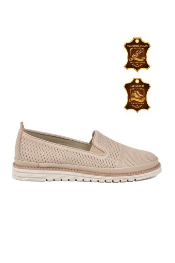 Bej Hakiki Deri Anatomik Rahat Yan Lastikli Kadın Casual Loafer Ayakkabı Z281