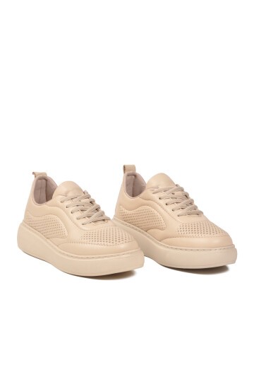 Bej Hakiki Deri Kadın Anatomik Tabanlı Günlük Sneaker Casual Yürüyüş Ayakkabı Z204