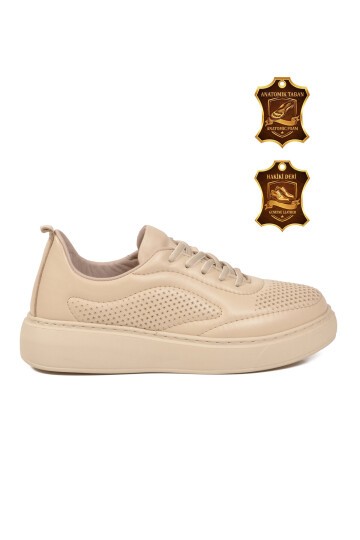 Bej Hakiki Deri Kadın Anatomik Tabanlı Günlük Sneaker Casual Yürüyüş Ayakkabı Z204