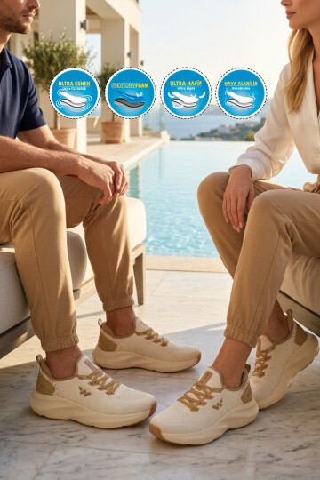 Bej Fileli Bağcıklı Hafızalı Rahat Tabanlı Unisex Yürüyüş ve Spor Ayakkabı Flexnova G