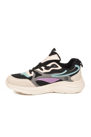 Bej-Siyah Fileli Hava Alabilen Bağcıklı Rahat Tabanlı Unisex Yürüyüş ve Spor Ayakkabı Sneaker 26106 G