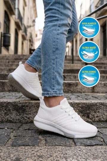 Beyaz Anorak Örme Bağcıklı Hafif Rahat Tabanlı Erkek Casual Yürüyüş Ayakkabı Molen M