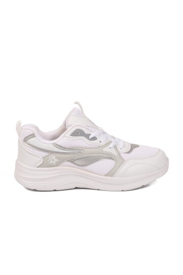 Beyaz-Gri Fileli Hava Alabilen Bağcıklı Rahat Tabanlı Unisex Yürüyüş ve Spor Ayakkabı Sneaker 26106 G