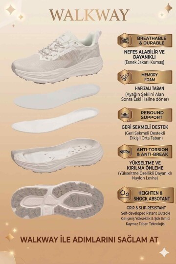 Beyaz-Gümüş Fileli Bağcıklı Hafızalı Rahat Tabanlı Unisex Yürüyüş ve Spor Ayakkabı Flexion G
