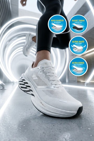 Beyaz-Gümüş ileli Hafif Hafızalı Rahat Tabanlı Unisex Koşu Yürüyüş ve Spor Ayakkabı Space G