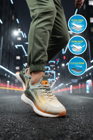 Beyaz-Haki  Fileli Hafızalı Hafif Rahat Köpük Tabanlı Erkek Yürüyüş ve Spor Ayakkabı Sneaker PCI-10105