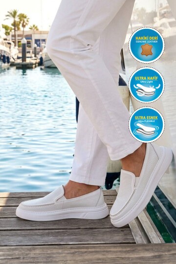 Beyaz Hakiki Deri Erkek Casual Ayakkabı Loafer 62206