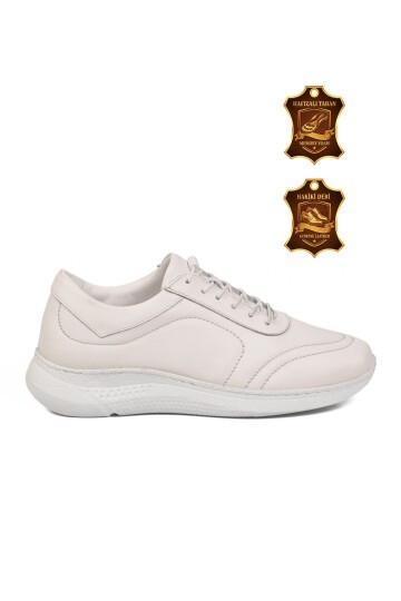 Kadın Hakiki Deri Hafızalı Taban Lastik Bağcıklı Beyaz Casual Sneaker Ayakkabı 8439 Z