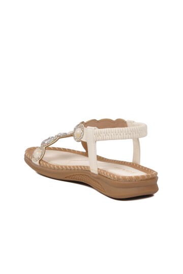 Beyaz Hakiki Deri Lastik Bantlı Taş Detaylı Kadın Sandalet B306