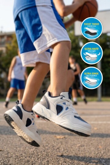 Beyaz-Lacivert Fileli Bağcıklı Erkek Çocuk Spor Ayakkabı Sneaker Jacop