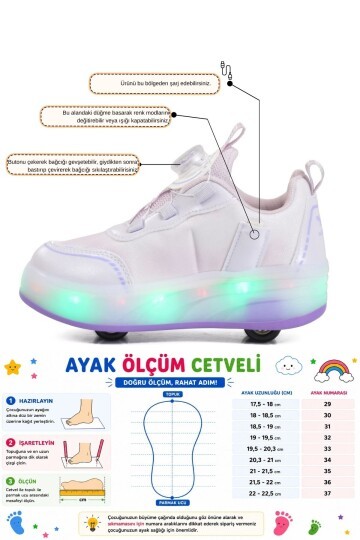 Beyaz-Mor Akıllı Bağcıklı Şarj Edilebilir Işıklı Kız Çocuk Patenli Ayakkabı Yung