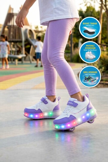 Beyaz-Mor Işıklı Ortopedik Kız Çocuk Patenli Spor Ayakkabı Glow F