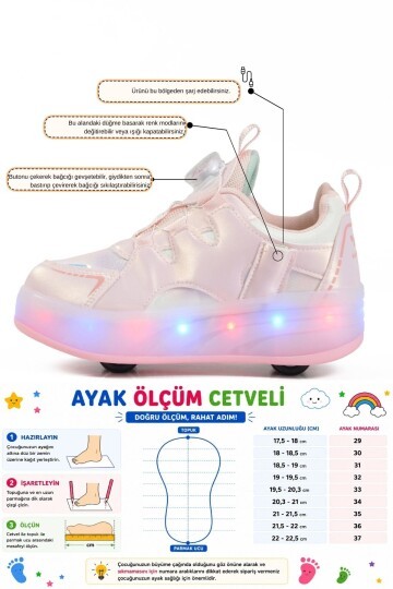 Beyaz-Pudra Akıllı Bağcıklı Şarj Edilebilir Işıklı Kız Çocuk Patenli Ayakkabı Yung