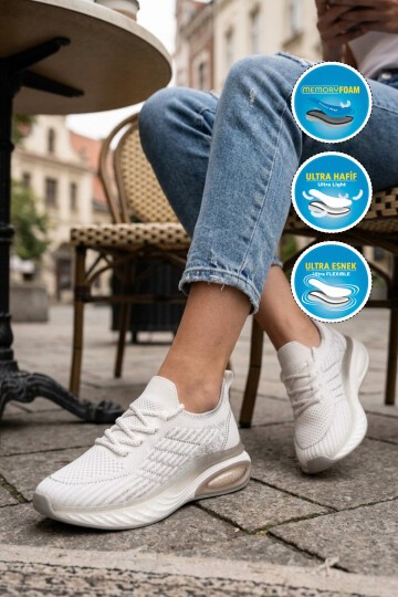 Beyaz Geniş Kalıp Örme Hafızalı Taban Nefes Alan Kadın Yürüyüş ve Spor Ayakkabı Sneaker B264 Z