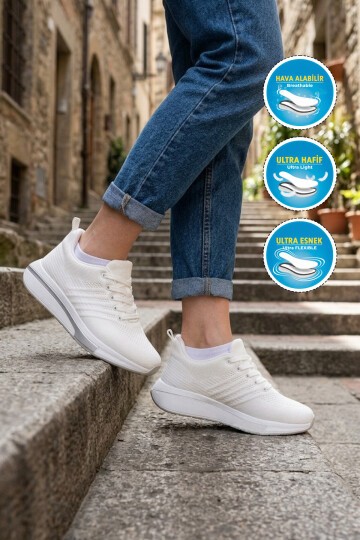 Beyaz Anorak Örme Bağcıklı Hafif Rahat Tabanlı Unisex Casual Yürüyüş Ayakkabı Molen G