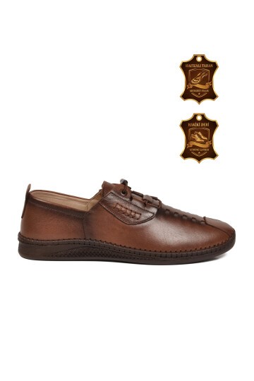 Erkek Hakiki Deri Smart Casual Bağcıklı Günlük Ayakkabı Hafızalı Taban Konfor Ceviz M783 M