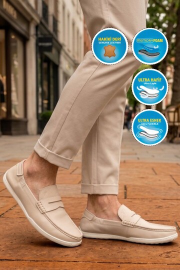 Erkek Hakiki Deri Hafızalı Taban Bağcıksız Mokasen Ayakkabı Rahat Smart Casual Ekru M420  M