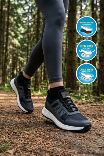 Füme Fileli Lastik Bağcıklı Rahat Tabanlı Unisex Yürüyüş ve Spor Ayakkabı Nans G