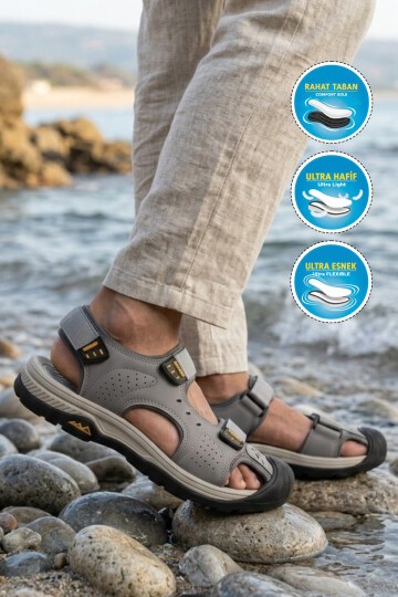 Erkek Gri Kapalı Burun Cırtlı Günlük Yürüyüş Outdoor Sandalet E337 M