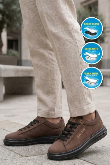 Kahve Dokulu Erkek Sneaker Siyah Kalın Taban Günlük Ayakkabı Dashor M
