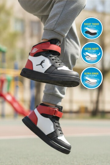 Kırmızı Bilek Boy Cırtlı Kalın Tabanlı Basket Tarzı Unisex Çocuk Spor Ayakkabı Haykat Uzun Air