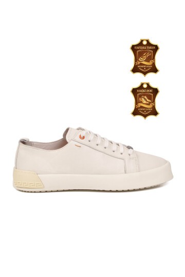 Krem Hakiki Deri Bağcıklı Kalın Rahat Tabanlı Erkek Casual Sneaker Ayakkabı 5404