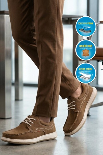 Erkek Kum Nubuk Hakiki Deri Hafızalı Rahat Tabanlı Bağcıklı Günlük Ayakkabı 6502 M