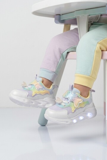 Lila Cırtlı Işıklı Anatomik Desenli Bebek İlk Adım ve Spor Ayakkabı Sneaker Aria B