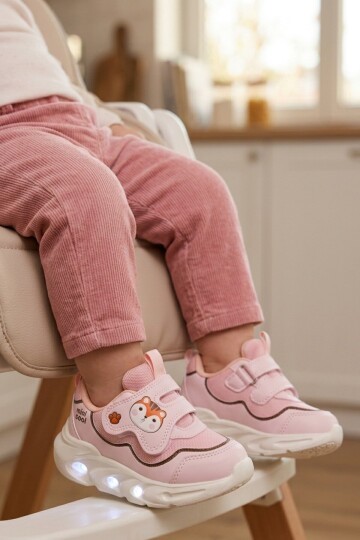 Pudra Cırtlı Işıklı Anatomik Desenli Bebek İlk Adım ve Spor Ayakkabı Sneaker Aria B