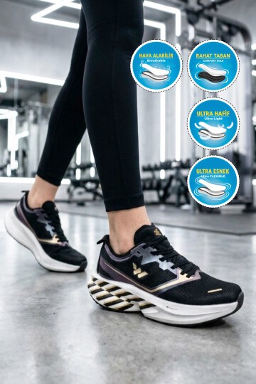 Siyah-Altın ileli Hafif Hafızalı Rahat Tabanlı Unisex Koşu Yürüyüş ve Spor Ayakkabı Space G