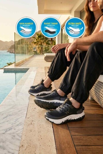 Siyah-Beyaz Fileli Hafif Rahat Hafızalı Kalın Tabanlı Unisex Yürüyüş ve  Spor Ayakkabı Sneaker Flystep G