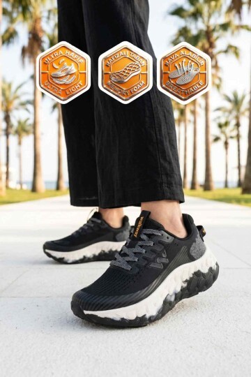 Siyah-Beyaz Fileli Hafif Rahat Hafızalı Kalın Tabanlı Unisex Yürüyüş ve  Spor Ayakkabı Sneaker Flystep G