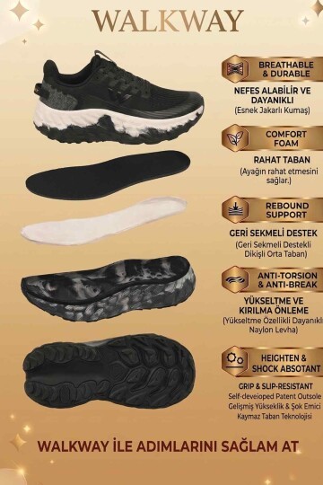 Siyah-Beyaz Fileli Hafif Rahat Hafızalı Kalın Tabanlı Unisex Yürüyüş ve  Spor Ayakkabı Sneaker Flystep G