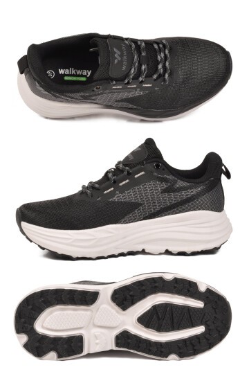 Siyah-Beyaz Fileli Bağcıklı Hafızalı Rahat Tabanlı Unisex Yürüyüş ve Spor Ayakkabı Flexion G