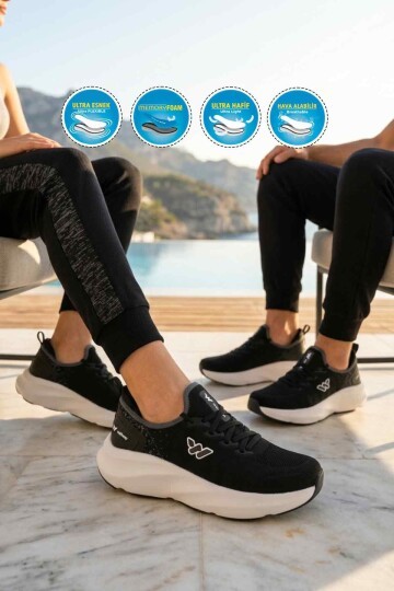 Siyah-Beyaz Fileli Bağcıklı Hafızalı Rahat Tabanlı Unisex Yürüyüş ve Spor Ayakkabı Flexnova G